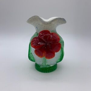CELEBRATIONS Vtg. Handcrafted Seed Glass Speckled Vase 6” With 3-D Poppy Flower